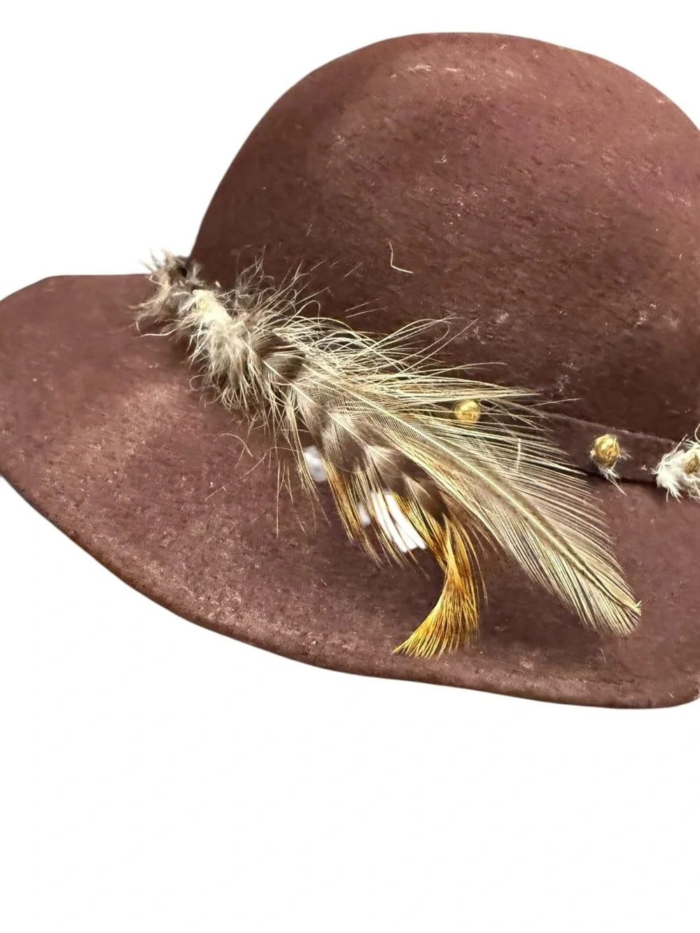 Vintage Smart Alex Brown Wool Wide Brim Hat with Feather Trim